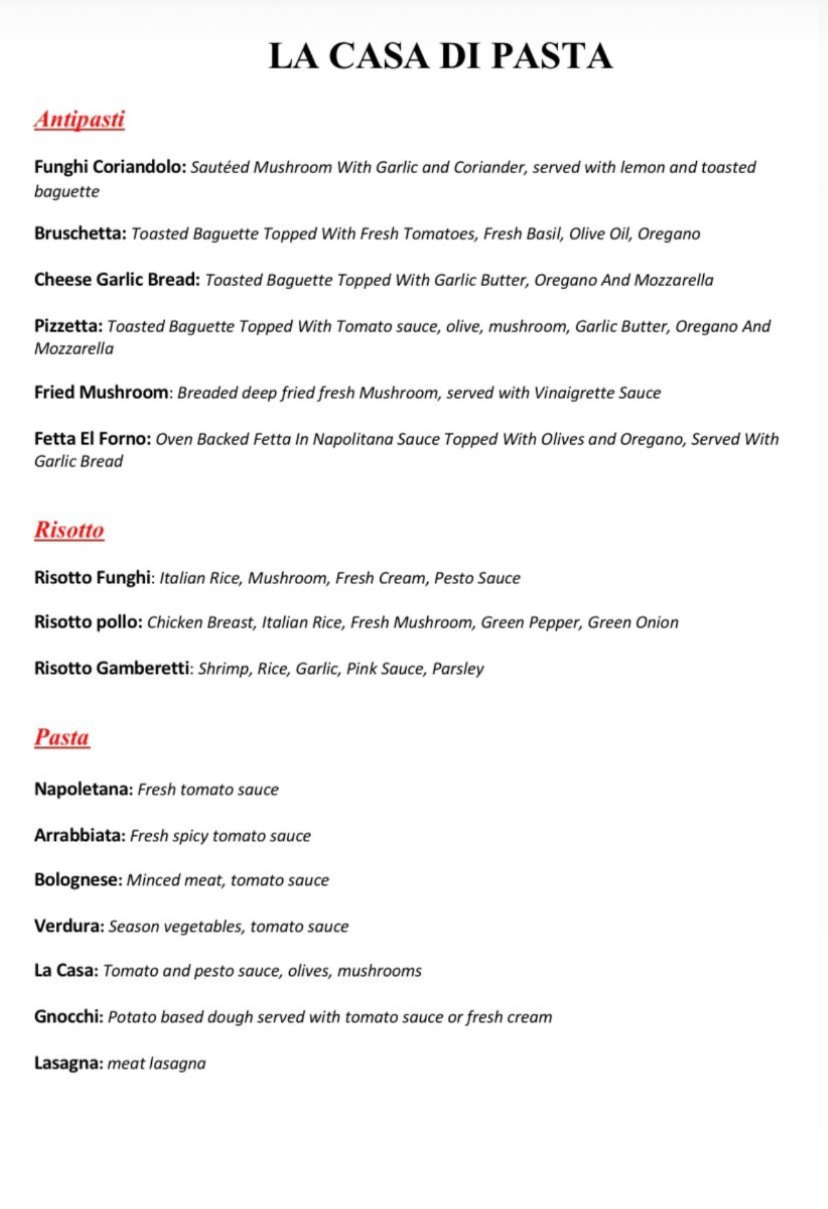 La Casa Di Pasta menu, page 1
