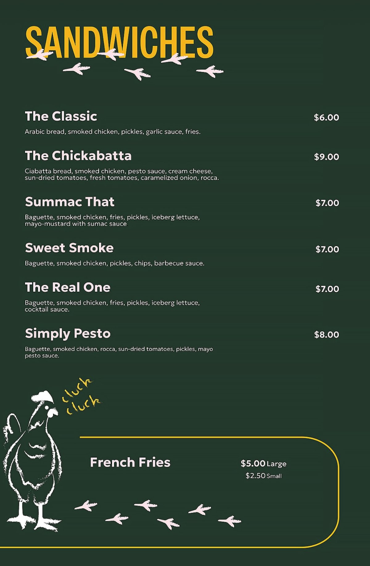 Cluckerie menu, page 3