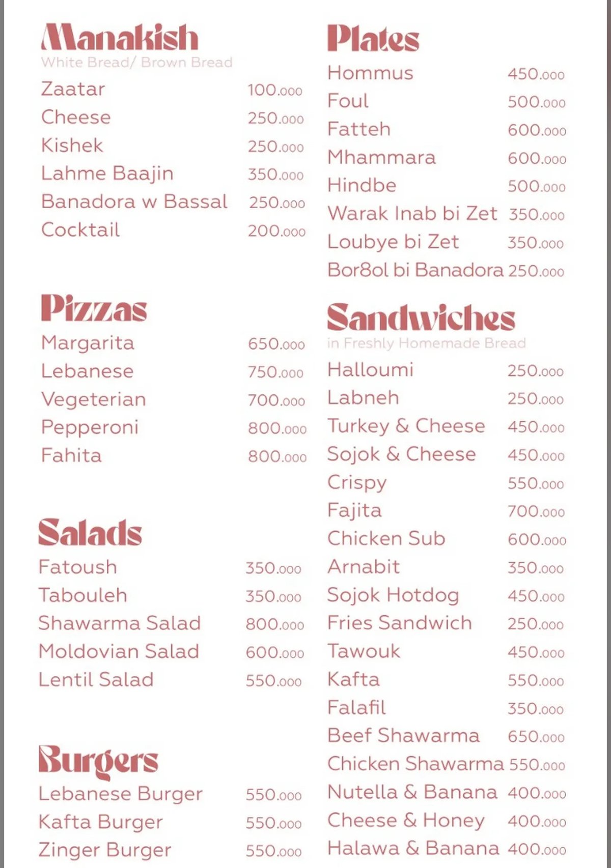 Ana Lebnene menu, page 1