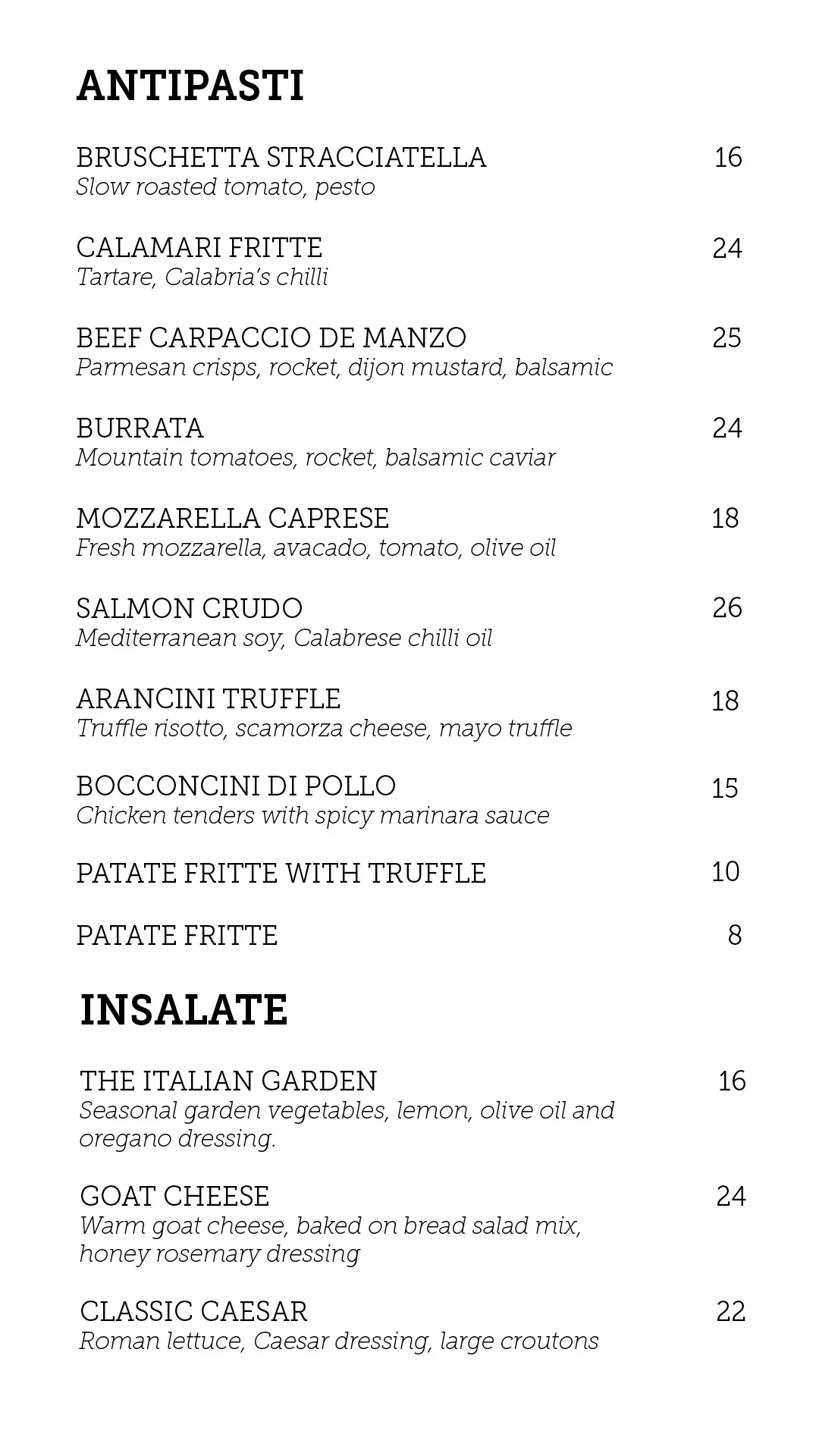 Bar Baker menu, page 1