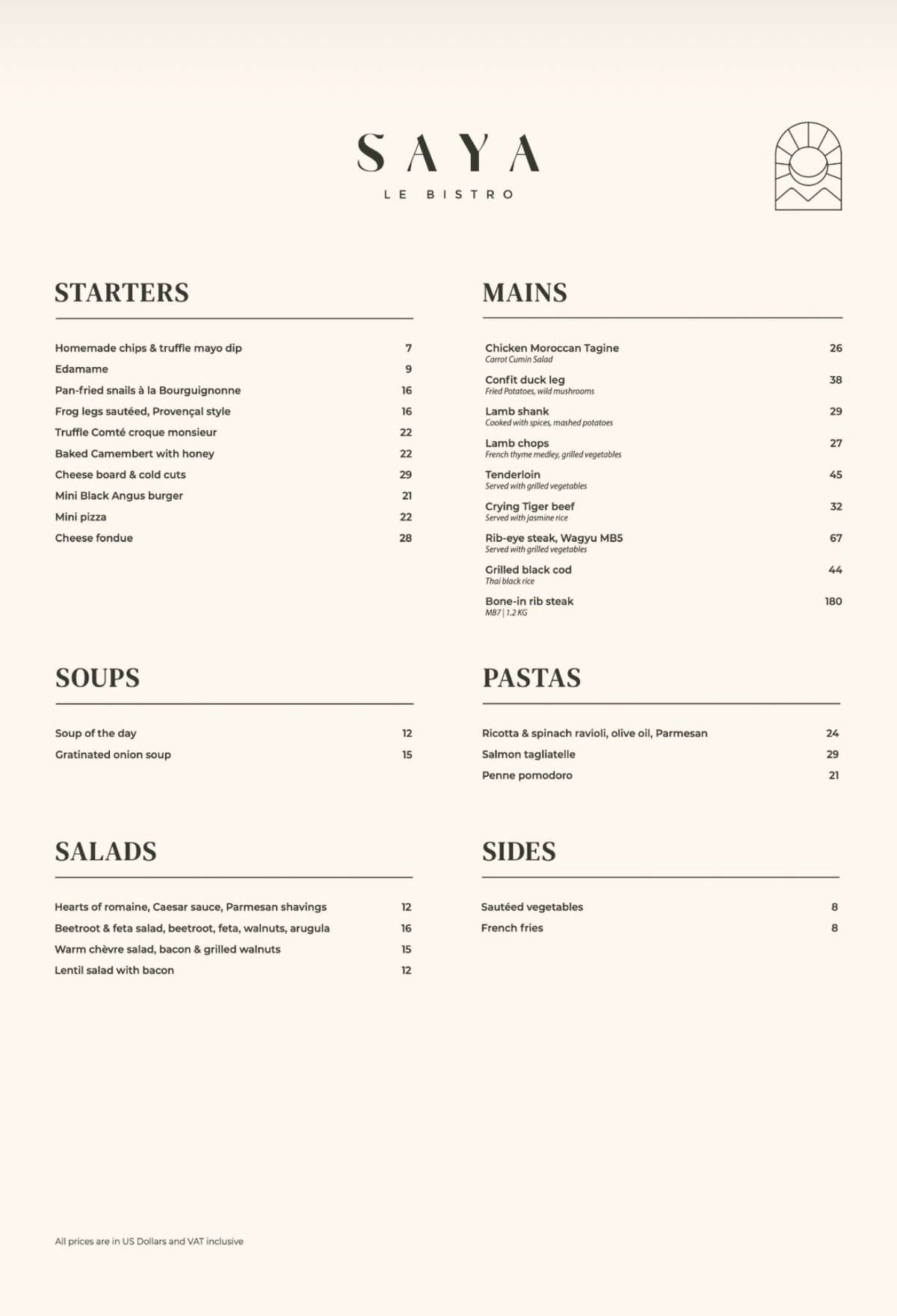 SAYA Society menu, page 1