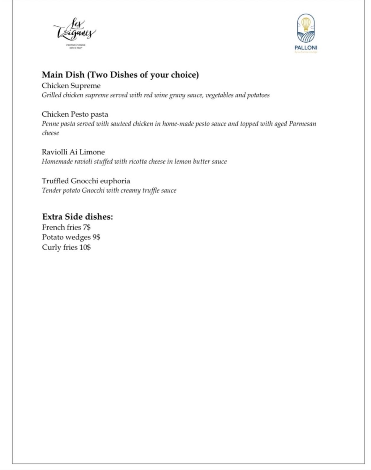 Palloni menu, page 1