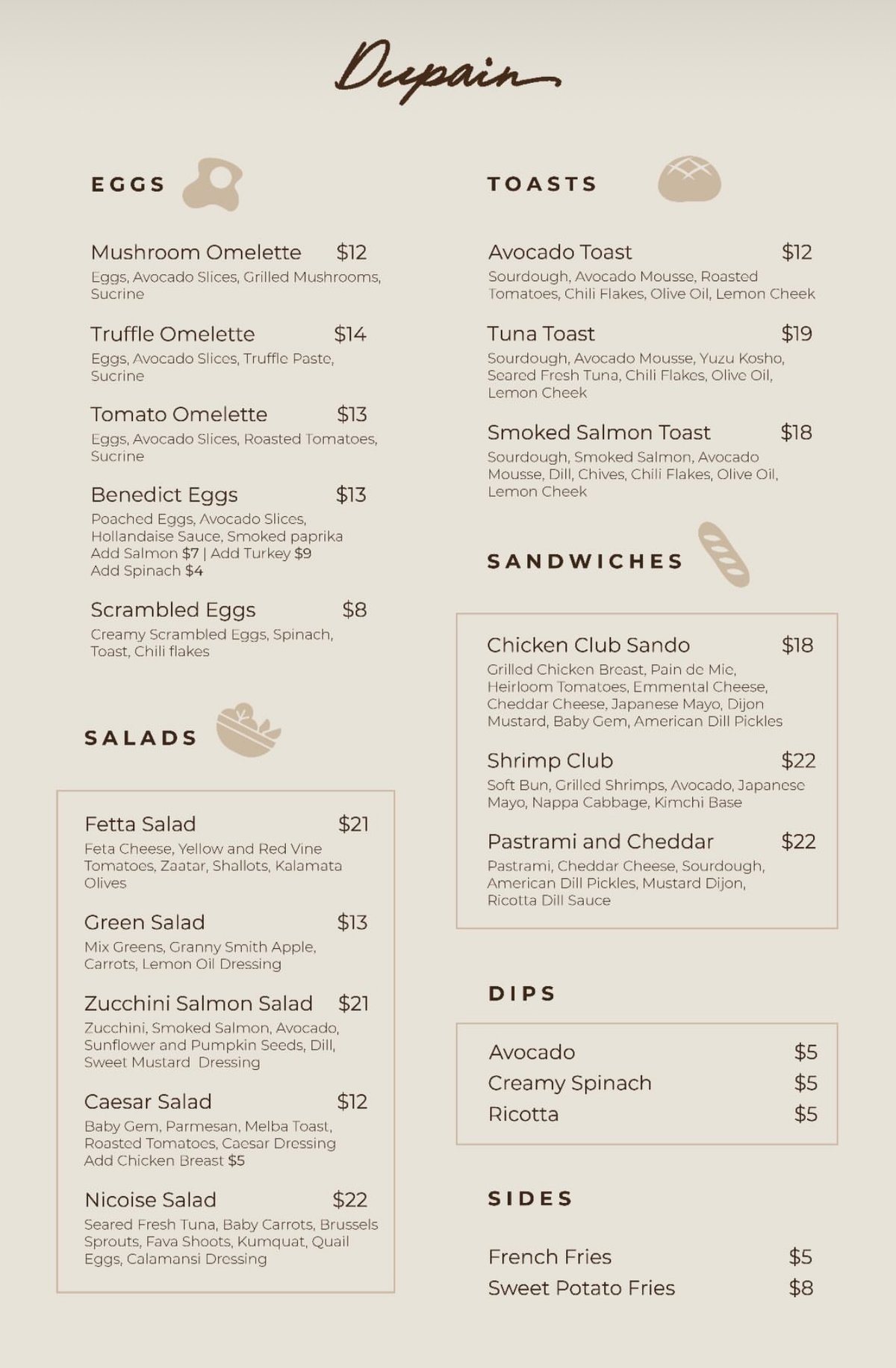 Dupain menu, page 1