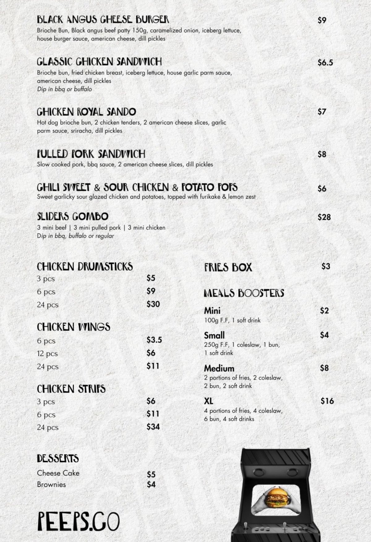 Peeps.co  menu, page 1
