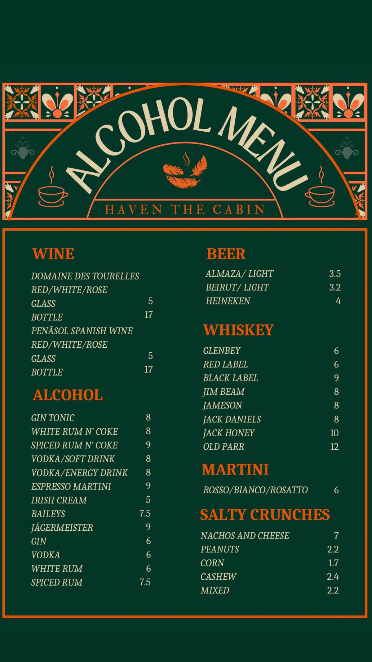 Haven The Cabin menu, page 3
