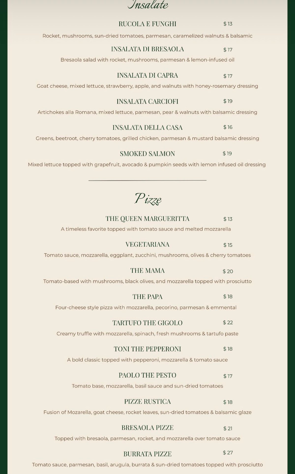 The Wood Factory Pizzeria menu, page 1