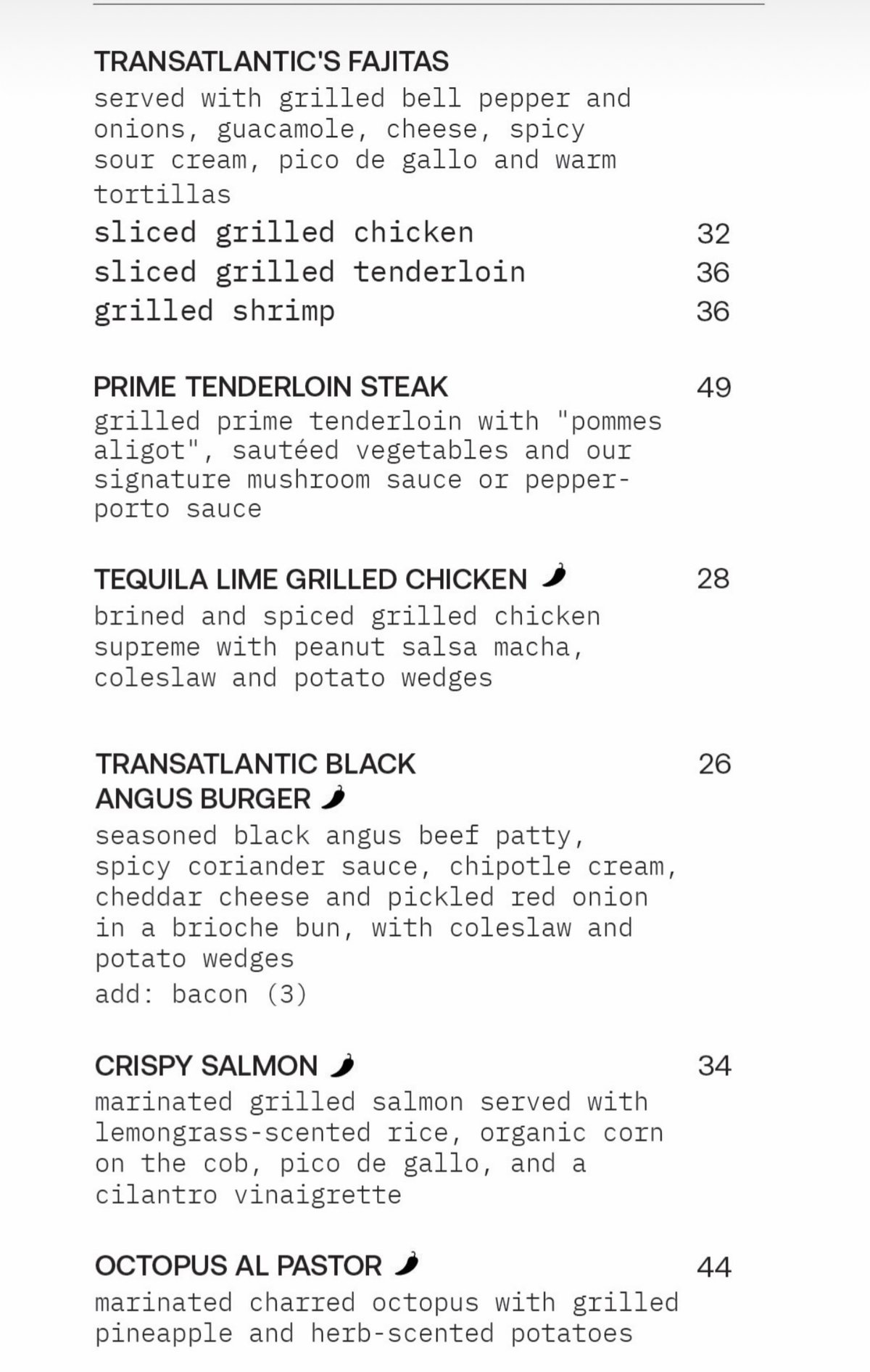 Transatlantic menu, page 2