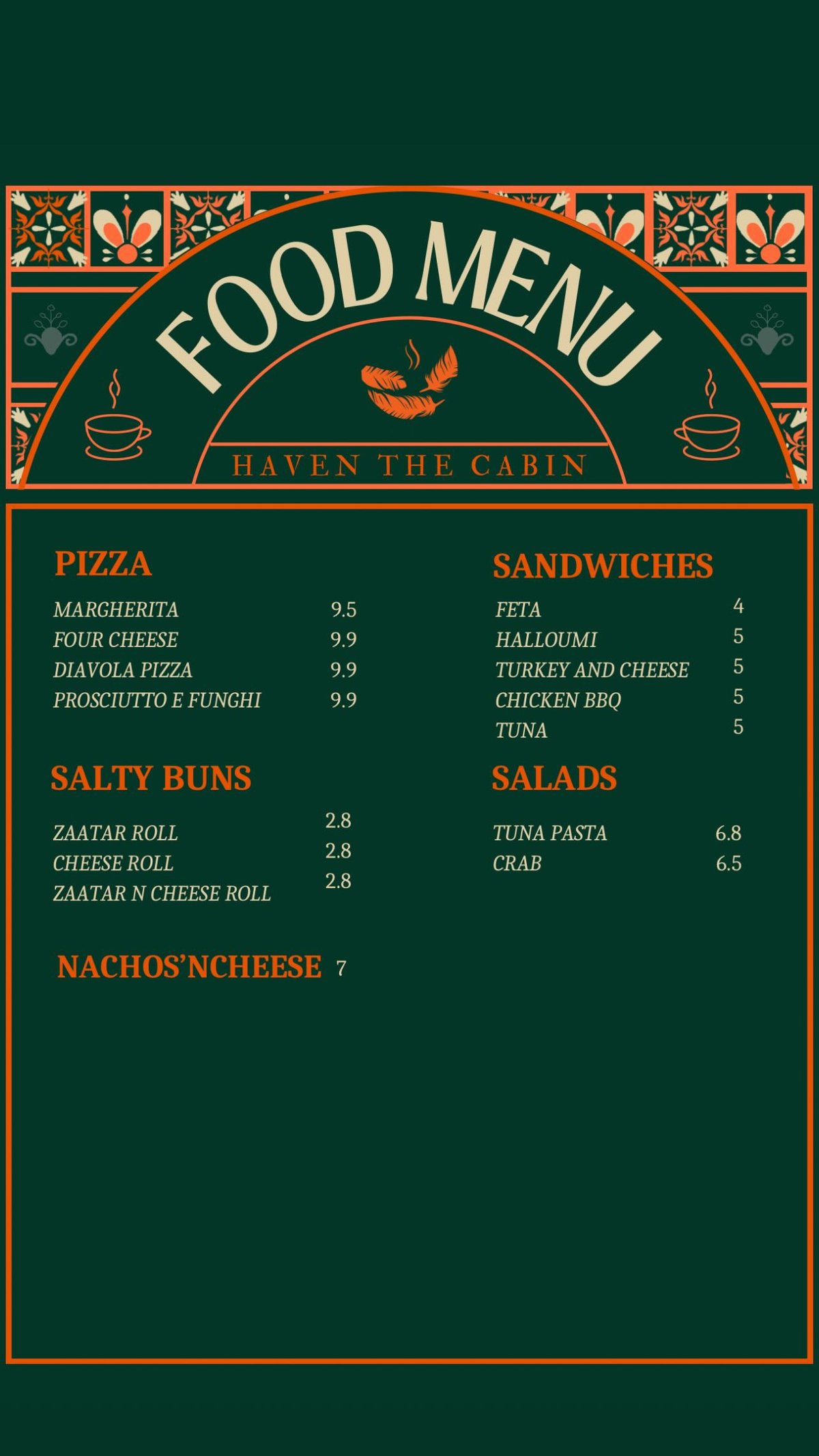 Haven The Cabin menu, page 1