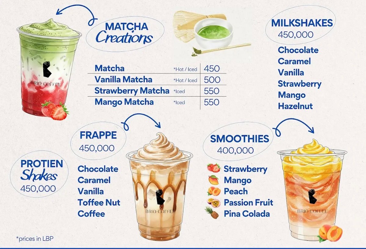Brio Coffee menu, page 1