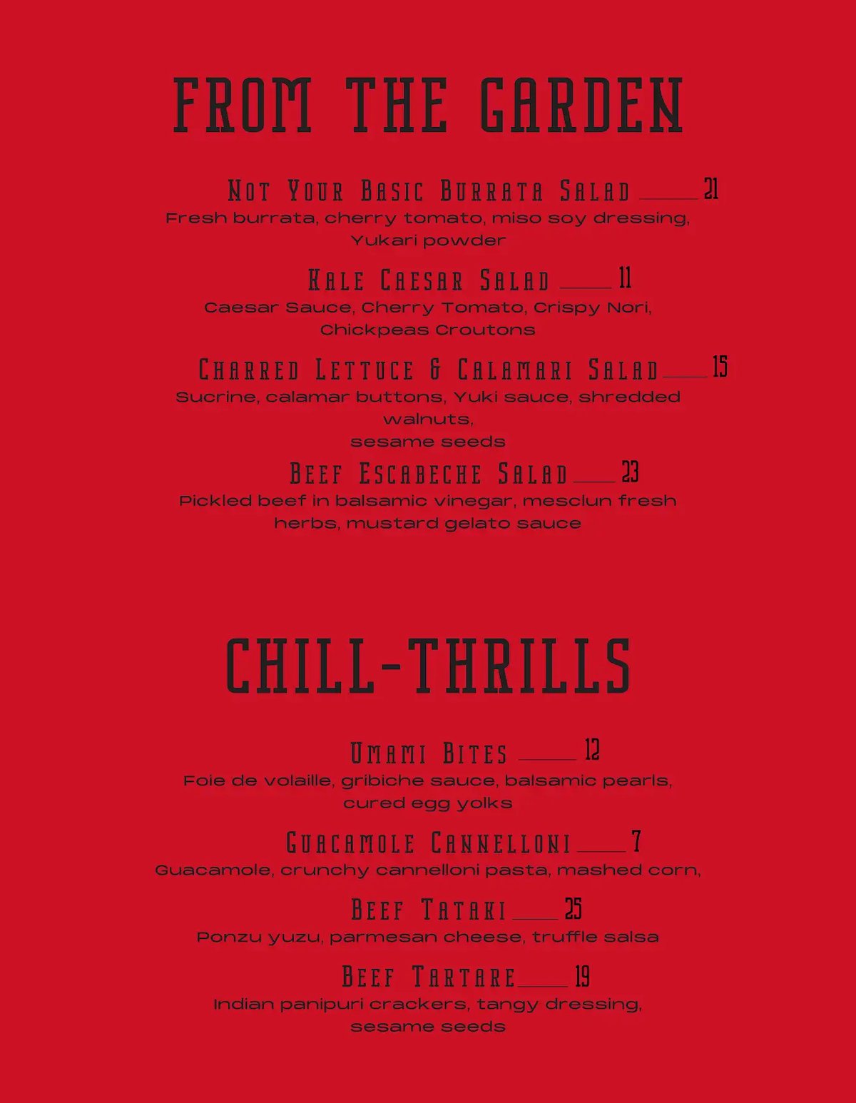Marrow and Bar menu, page 1