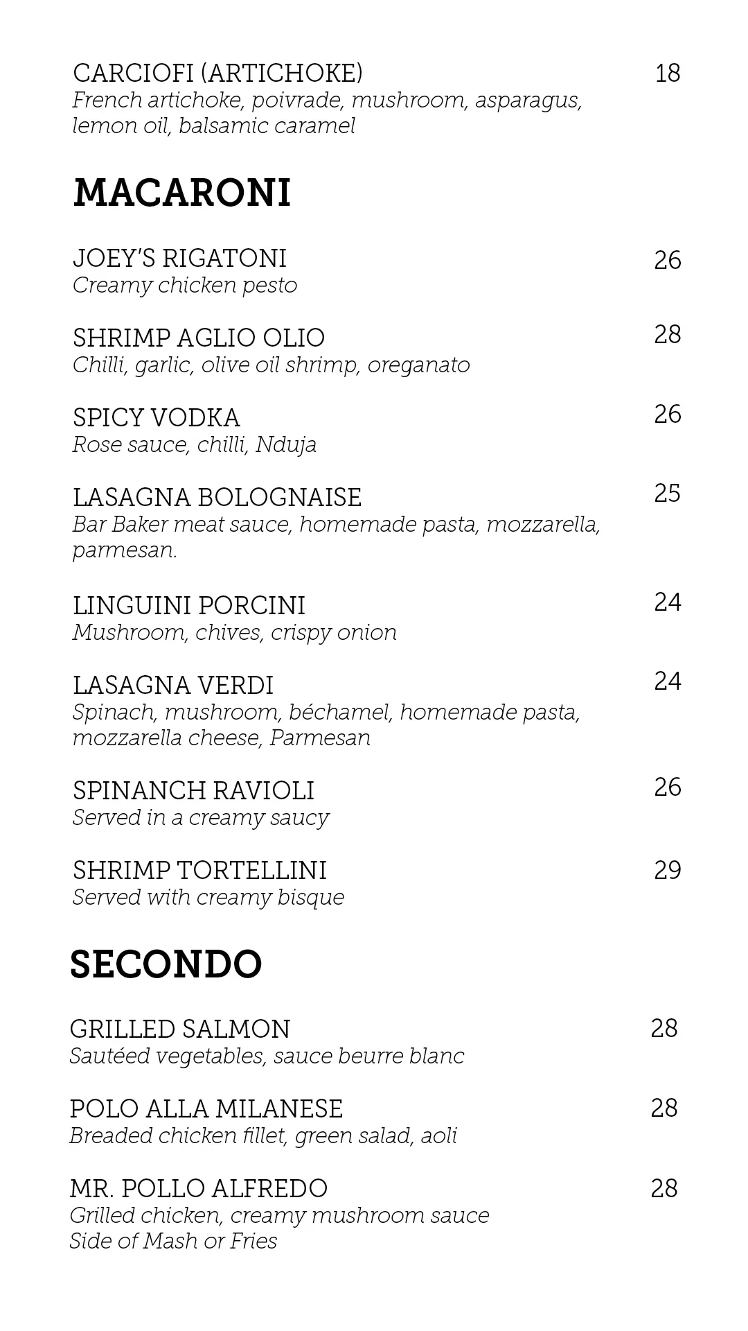 Bar Baker menu, page 2