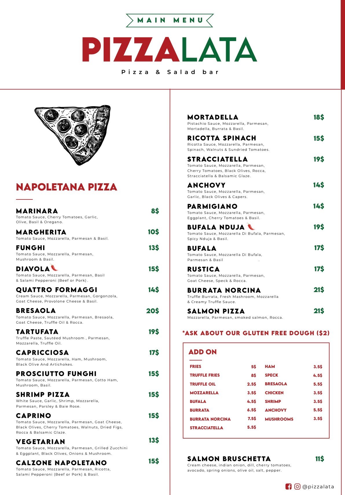 Pizzalata menu, page 1
