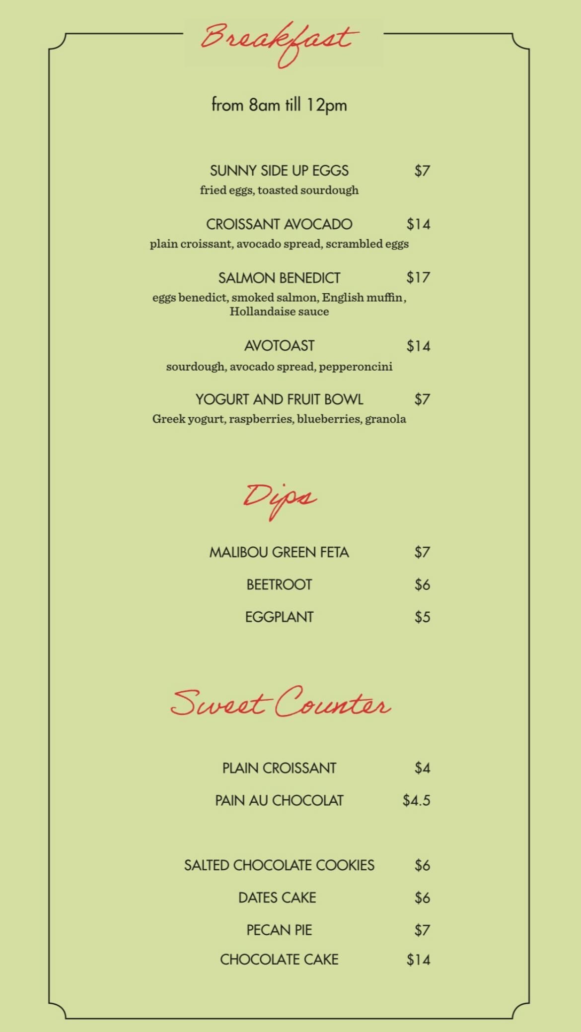 Malibou menu, page 1