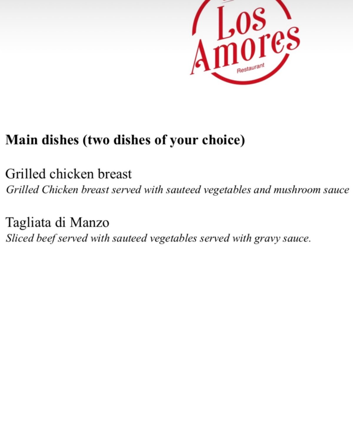 Los Amores menu, page 1