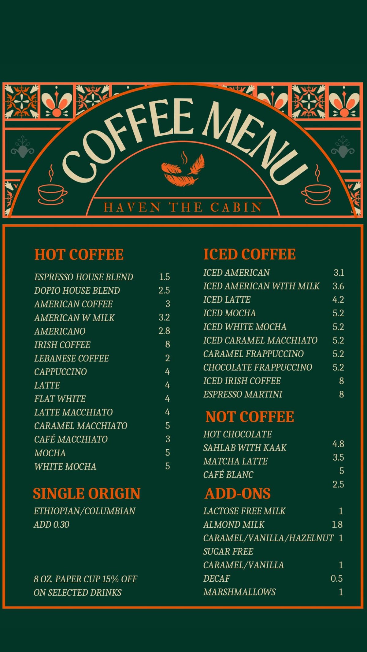 Haven The Cabin menu, page 5