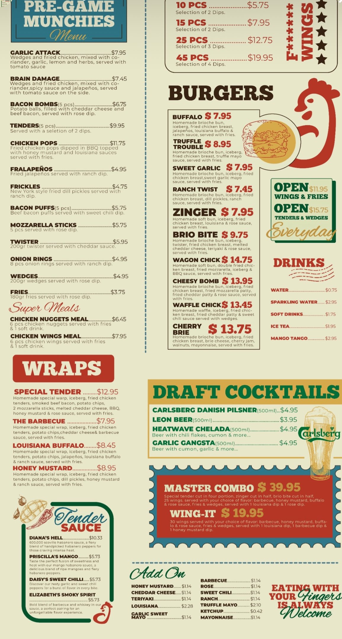 Tender Bar menu, page 1