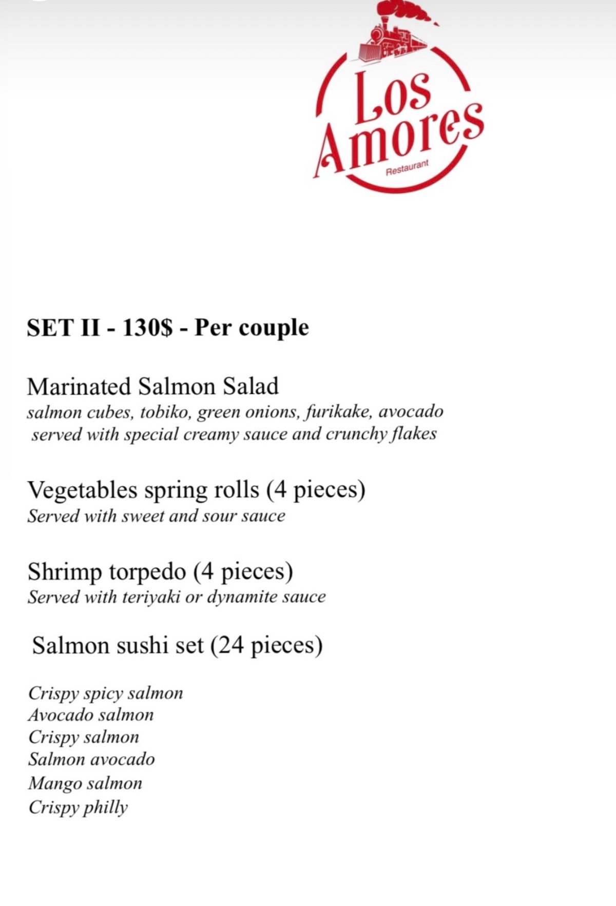 Los Amores menu, page 2