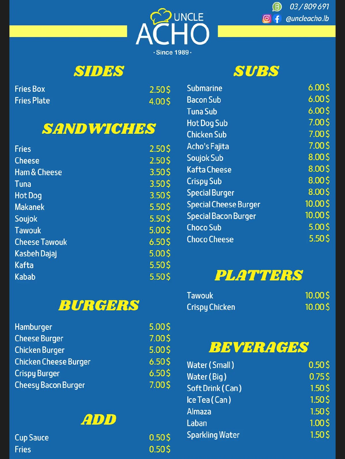 Uncle Acho menu, page 1