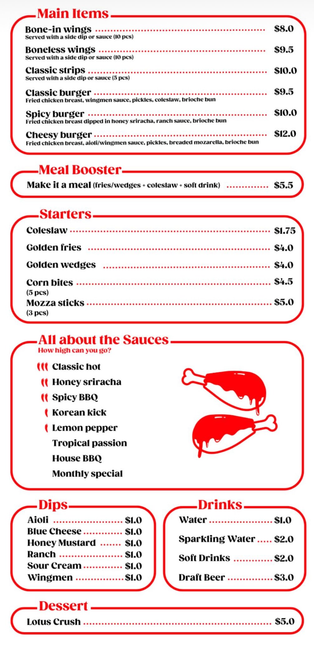 Wingmen menu, page 1