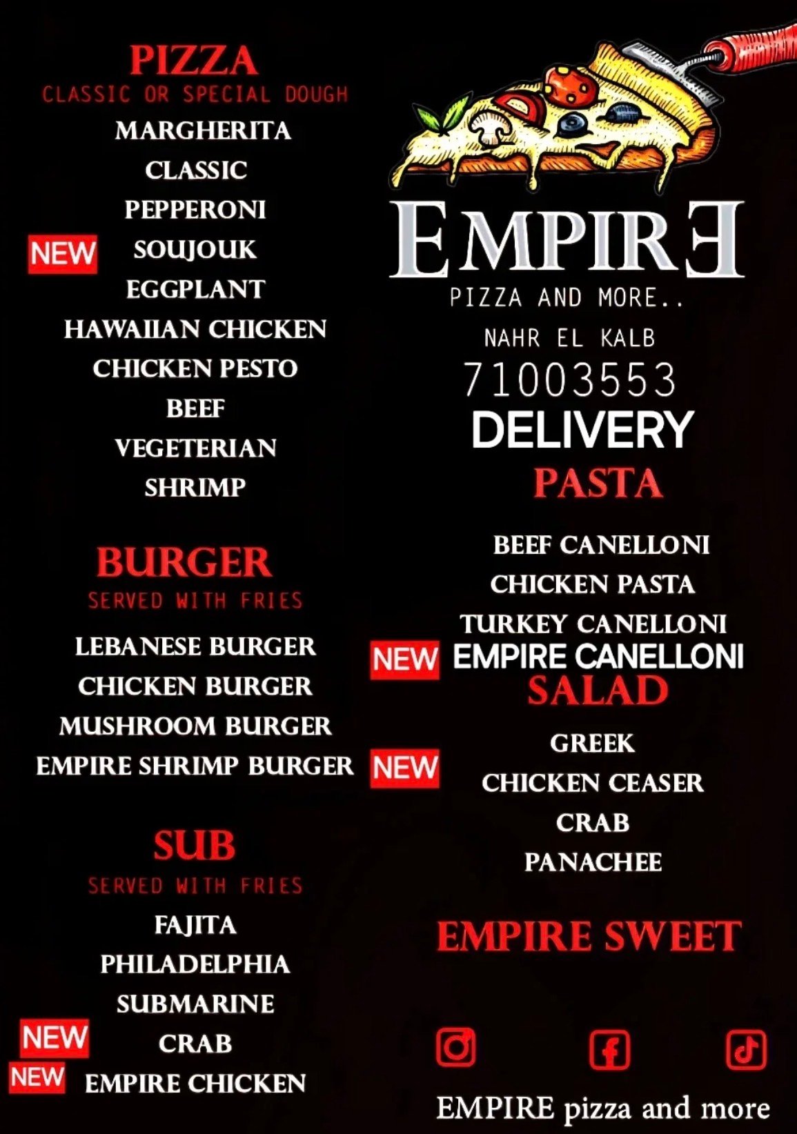 Empire Pizza & More menu, page 1