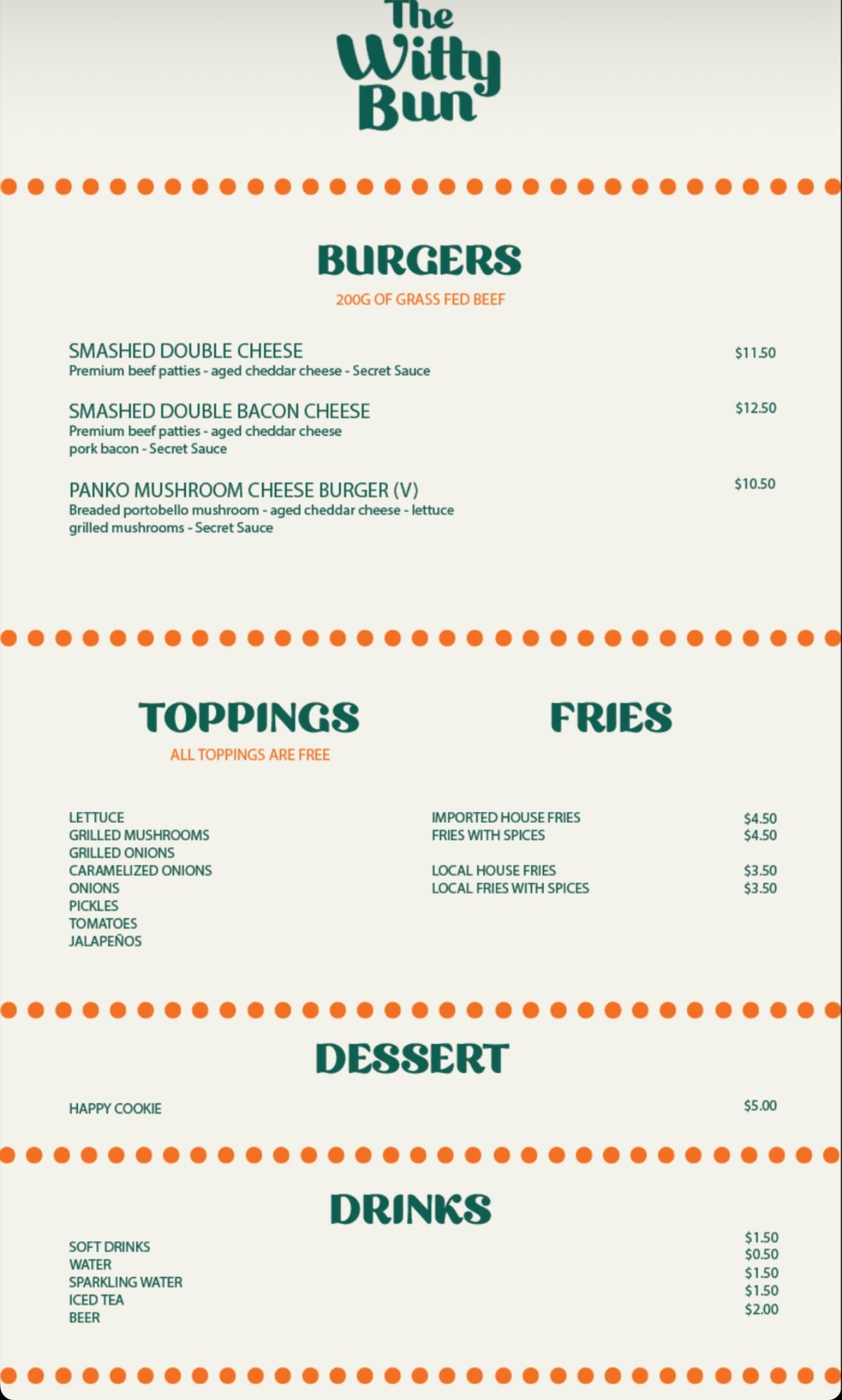 The Witty Bun menu, page 1
