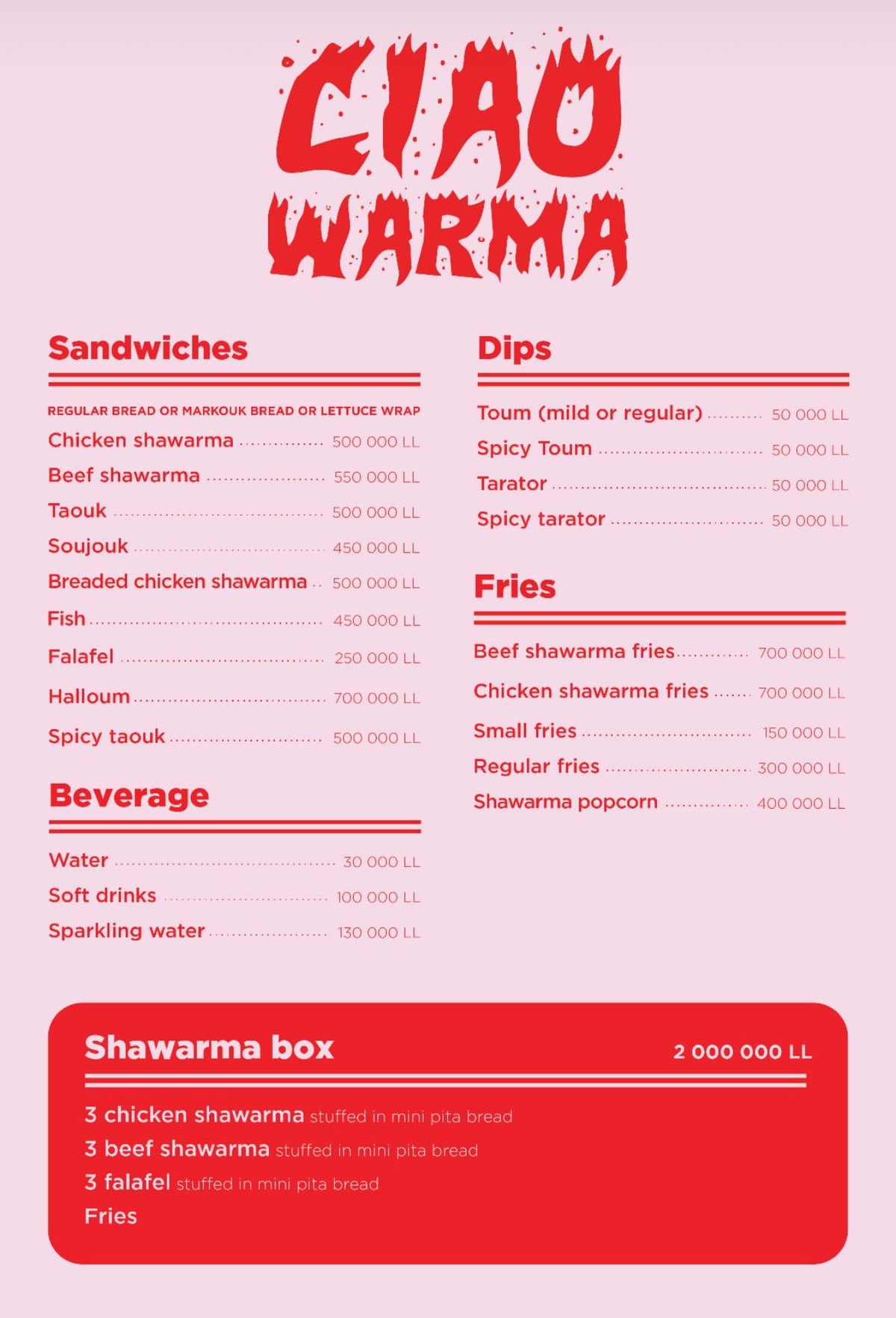 CiaoWarma menu, page 1