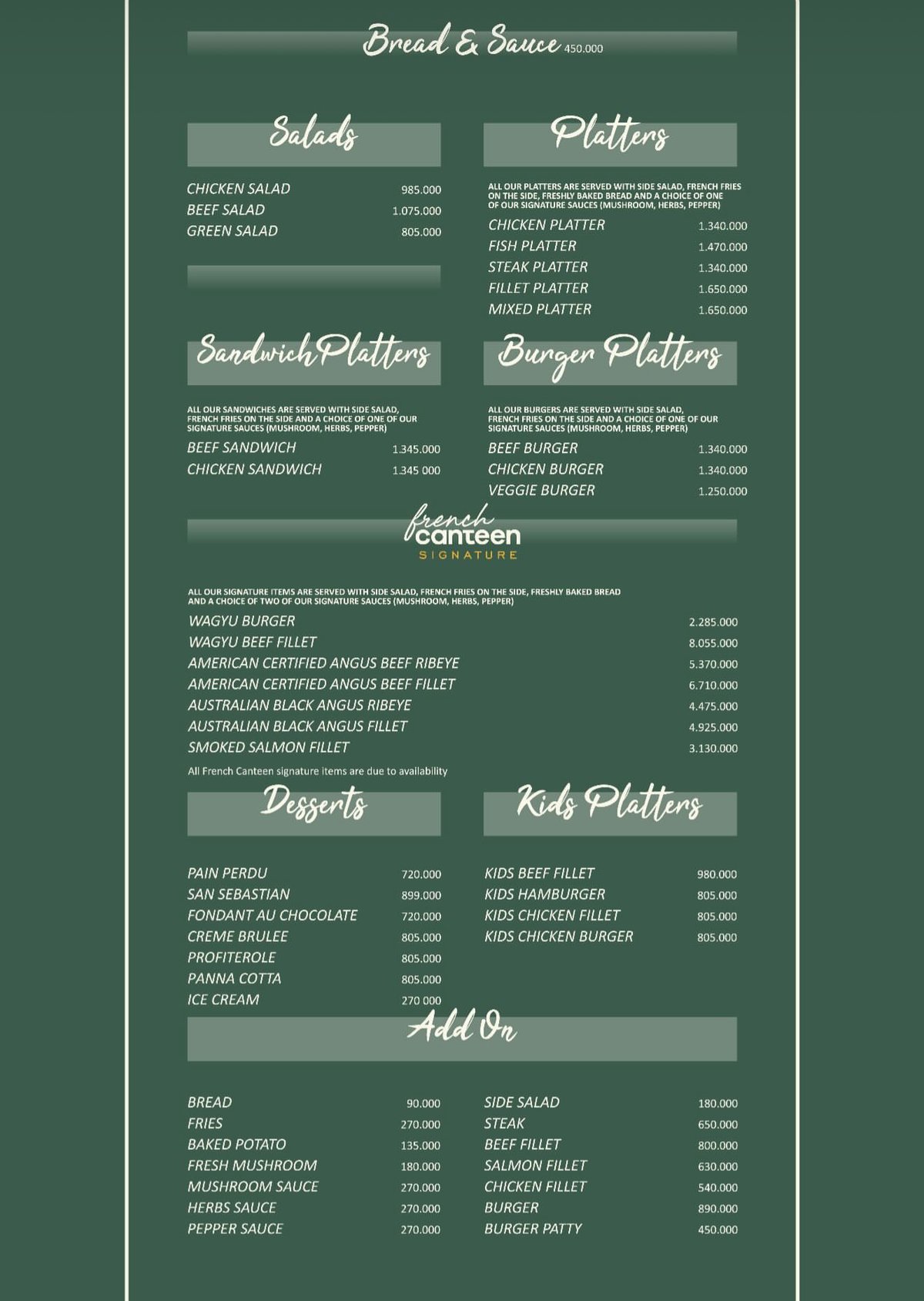 French Canteen menu, page 1