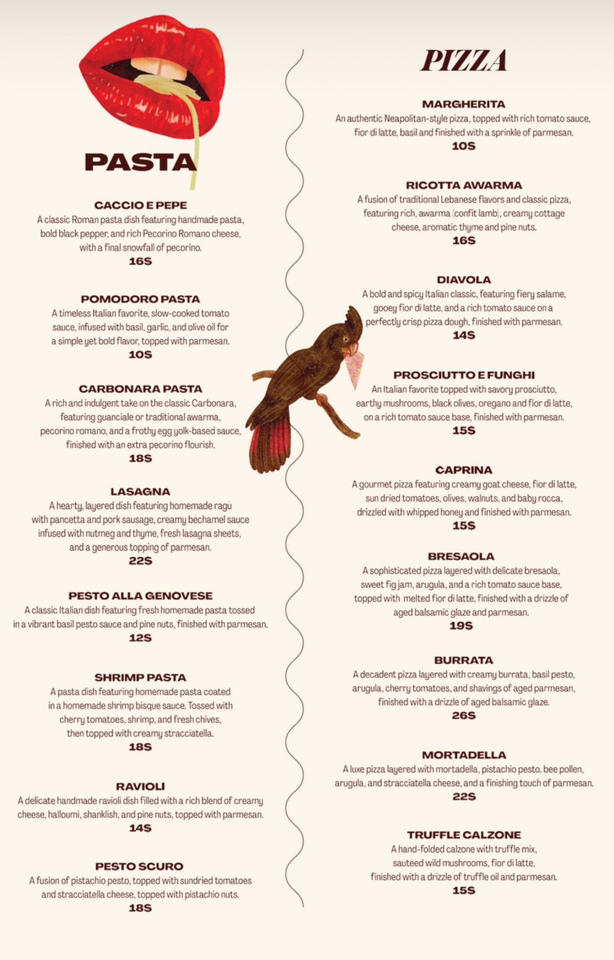 The Daring Italian menu, page 1