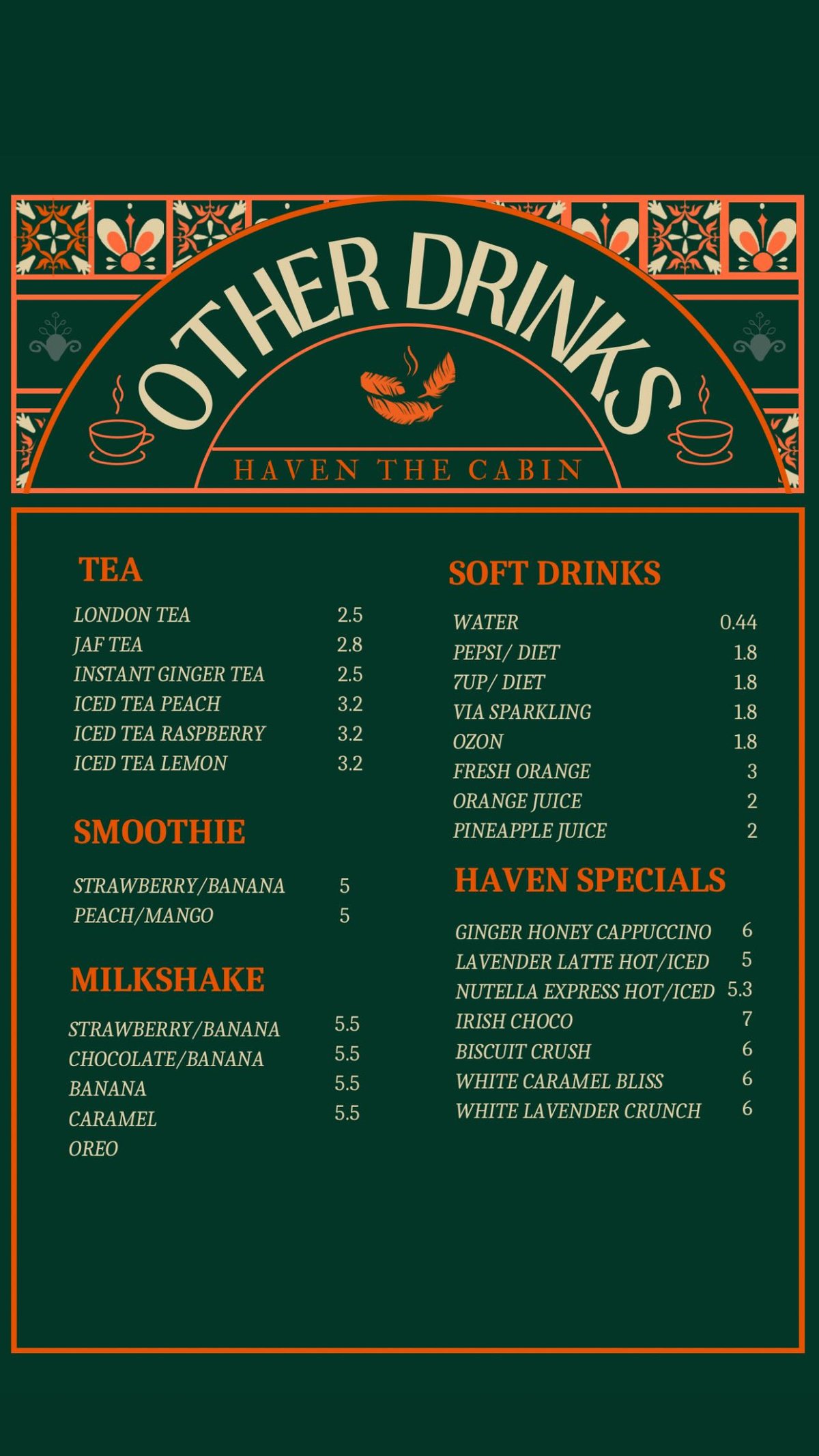 Haven The Cabin menu, page 2