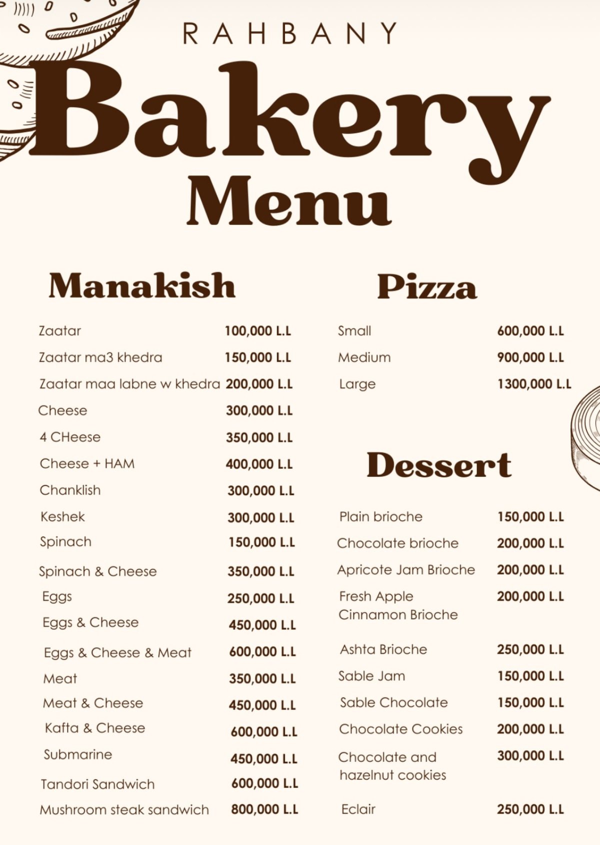 Rahbany Bakery menu, page 1