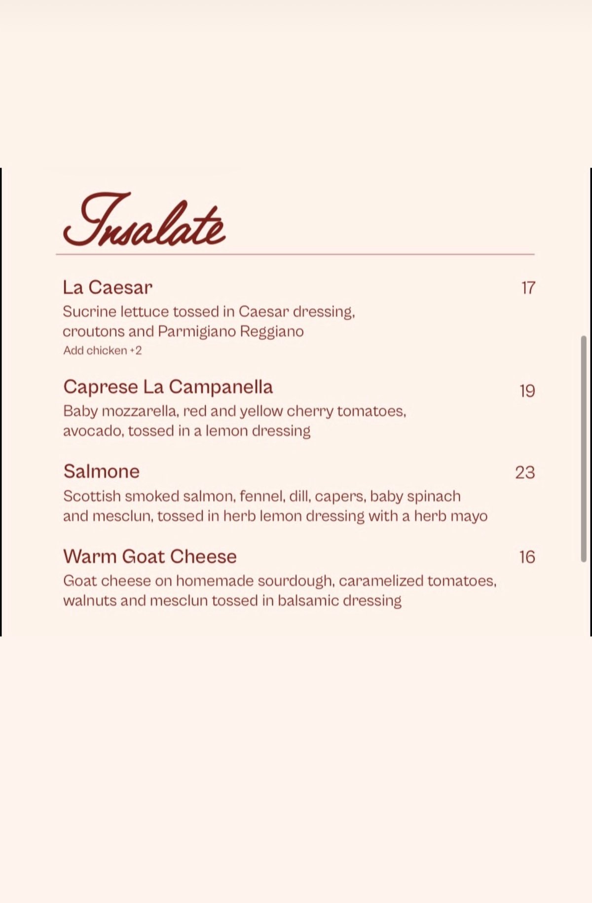 La Campanella  menu, page 1