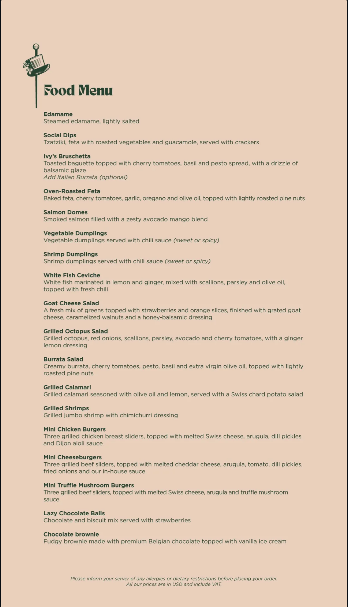Ivy Social Club menu, page 1