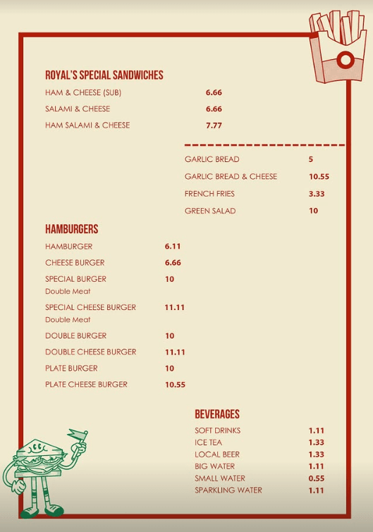 Royal's Pizza menu, page 2