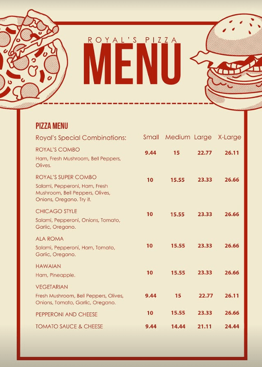 Royal's Pizza menu, page 1